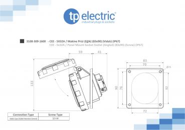 Preview: CEE Anbausteckdose 83x90mm 5P 32A 6h IP67